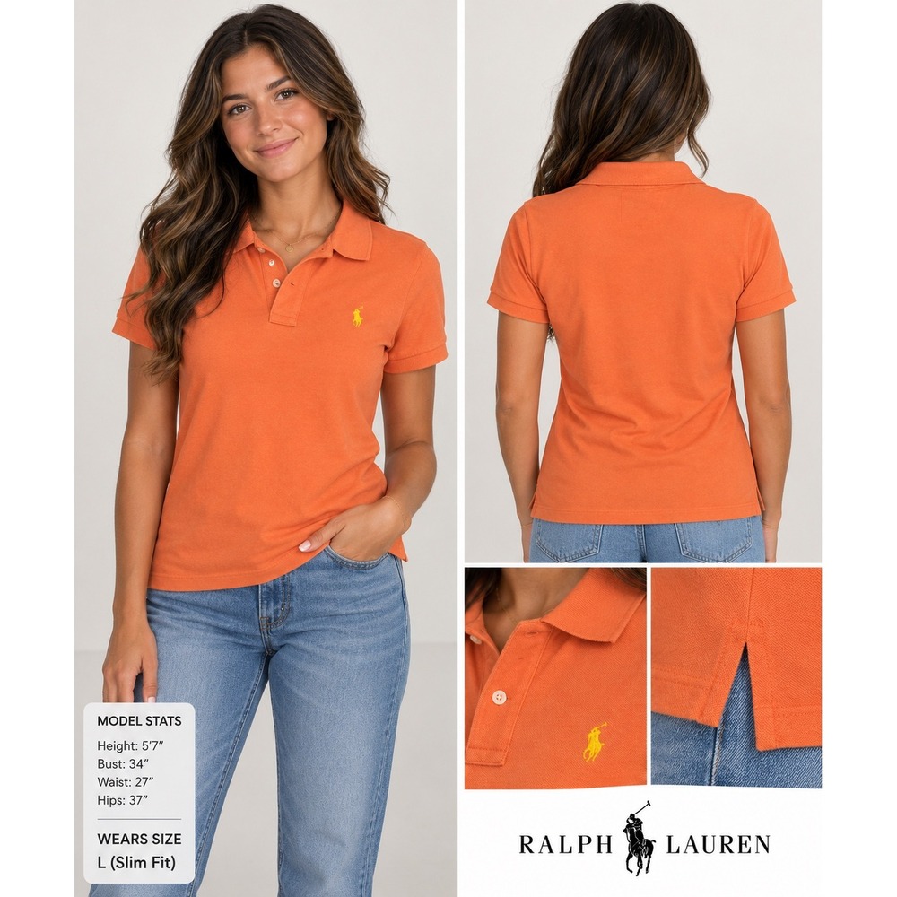 Ralph Lauren Polo Shirt Womens L Orange Excellent Skinny Fit Cotton Short Sleeve